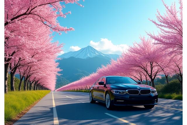 晴れ渡る空の下、美しい日本の風景をドライブする高級車の写真